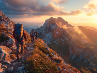 Trekking Adventure at Sunset in Mountains
. Group of hikers on a mountain trail at sunrise, using eco-friendly gear, surrounded by panoramic views of untouched wilderness. 