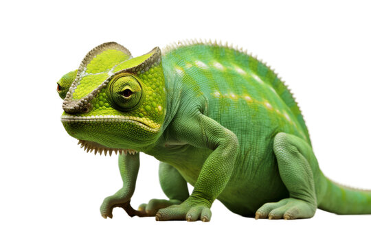 Emerald Emissary: A Green Chameleon Contemplates. On a White or Clear Surface PNG Transparent Background.