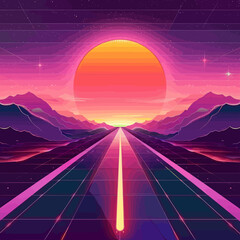 an image of a retro sci - fi scene with a sunset - obrazy, fototapety, plakaty