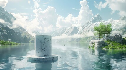 Cylindrical podium in a tranquil mountain lake - Peaceful natural landscape with a mysterious cylindrical podium amidst calm waters, surrounded by green trees and snowy mountains - obrazy, fototapety, plakaty