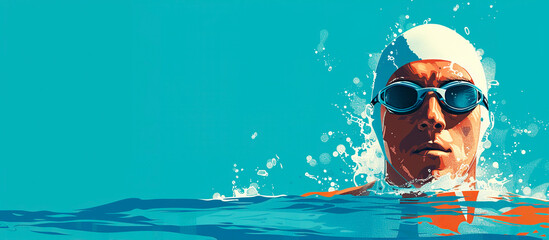Ilustración de cara de nadador con gorro y gafas - obrazy, fototapety, plakaty