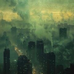 Dystopian city engulfed in pollution fog - This striking image of a cityscape smothered in fog and pollution creates a commentary on environmental issues