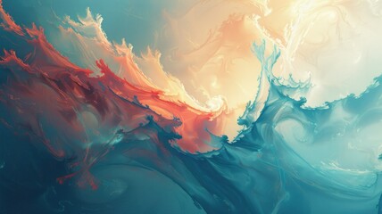 Ethereal abstract waves in shades of blue and red - Serene yet dynamic abstract waves in soft blues and fiery reds, evoking a sense of calm and excitement
