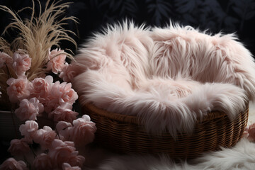 Empty fluffy round Moses' bed with long white wavy fur covering the basket on all sides, for a newborn. - obrazy, fototapety, plakaty