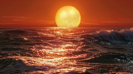 Glowing sun setting over restless ocean waves - The setting sun casts a radiant glow over the turbulent waves of the ocean, creating an intense, warm atmosphere - obrazy, fototapety, plakaty