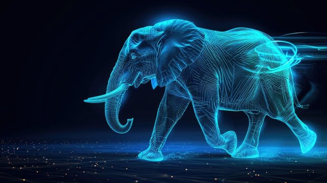 Glowing blue elephant walking on digital grid - An elephant composed of blue glowing lines on a starry grid landscape represents technological advancement