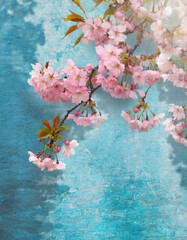 Kwiaty Wiśni w podwójnej ekspozycji, tło, tapeta. Generative AI - obrazy, fototapety, plakaty