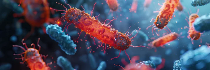 Fotobehang A 3D render of bacteria interacting with immune cells in the body, representing microbial defense mechanisms © Lila Patel