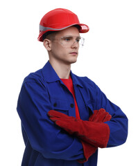 Young man with crossed arms wearing safety equipment on white background