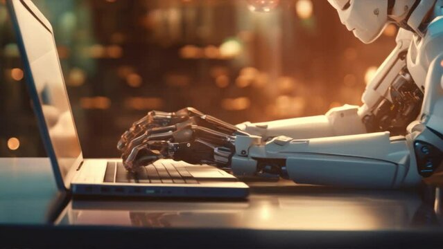 Future robot technology concept,Robot hands point to laptop button advisor chatbot robotic