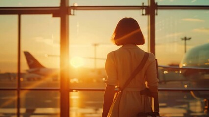 Silhouette of woman in airport window looking at airplane at sunset in big city