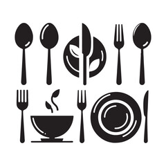 Vector Silhouette of Spoon, Fork, and Plates: Dining Utensils in Elegant Table Setting.
