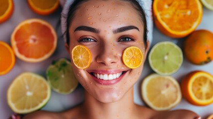 Woman applying an orange cross-section face mask, rich in vitamin C, rejuvenating her skin and providing a boost of nourishment and hydration.