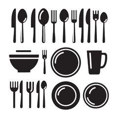 Vector Silhouette of Spoon, Fork, and Plates: Dining Utensils in Elegant Table Setting.