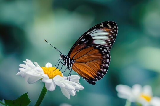 Braun butterfly with closed wings on a white flower. High quality photo.. Selective focus