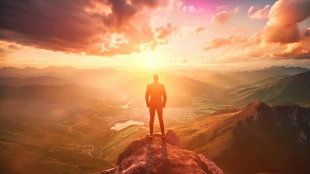 A lone businessman stands on the top of a high mountain silhouetted at sunset. Orange skies reflect business success and loneliness.