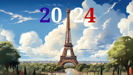 Paris olympics games France 2024 ceremony with Eiffel tower in the background.