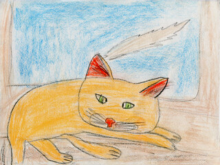 Drawing of a red cat lying near the window.