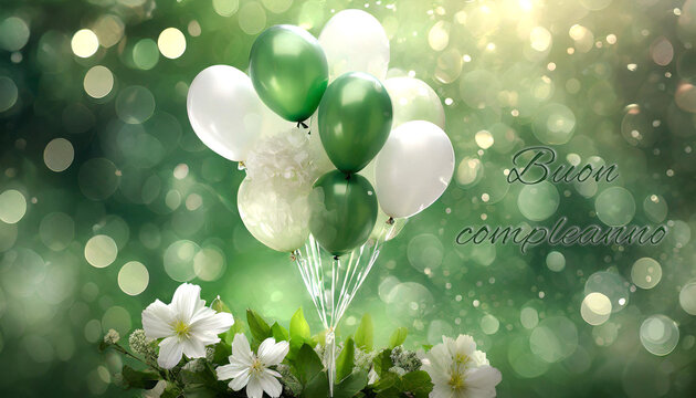 biglietto o striscione per augurare buon compleanno in verde con un mazzo di palloncini bianchi e verdi e sotto fiori bianchi su sfondo verde con cerchi con effetto bokeh
