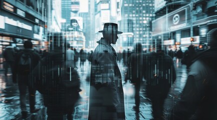 Obraz premium Mysterious digital ghost in crowded city street. Digital ghosting effect creates an eerie silhouette that merges with the busy urban life of a futuristic city