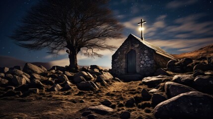 A stone chapel with a cross, illuminated at night,