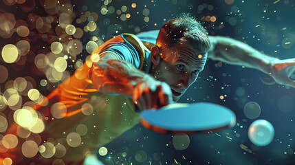 Table Tennis - Backhand Stroke: A table tennis player executing a powerful backhand stroke during a match, showcasing technique and speed - obrazy, fototapety, plakaty