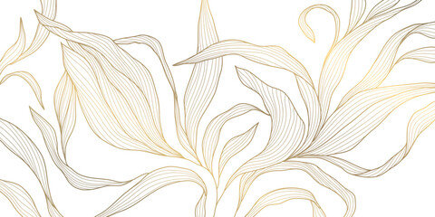 Vector gold on white abstract floral pattern. Leaf luxury texture, wavy elegant golden illustration. Vintage plant flower design, jungle foliage decor - 767804169