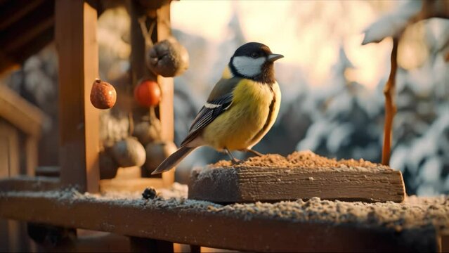 A tit bird sits near the feeder. Close up. Generative AI