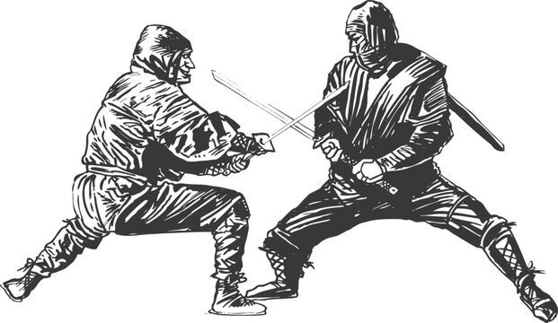  Two men ninja in a battle. Drawing sketch. Vector