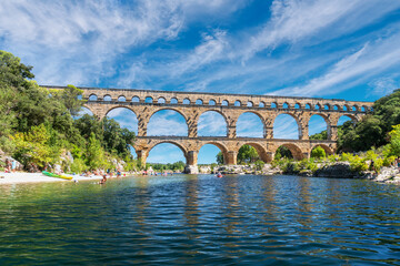 The Pont du Gard is an ancient Roman aqueduct, that is depicted  on five euro note. France, summer 2022.