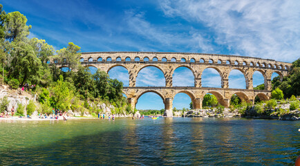 The Pont du Gard is an ancient Roman aqueduct, that is depicted  on five euro note. France, summer 2022.