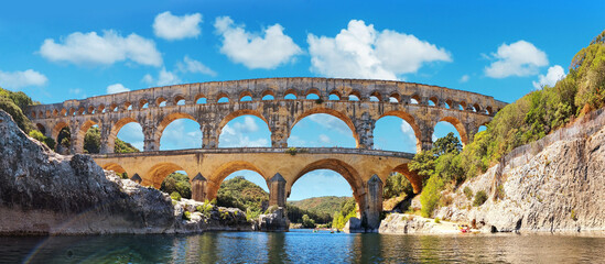 The Pont du Gard is an ancient Roman aqueduct, that is depicted  on five euro note. France, summer...
