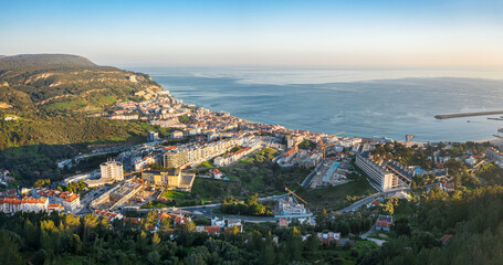 Drone aerial view on Sesimbra, fishing town in Setubal district in Portugal. - obrazy, fototapety, plakaty