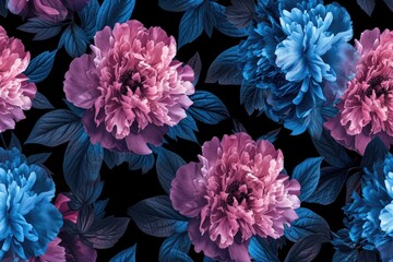 Vintage floral pattern with blue and pink peonies on black background. - obrazy, fototapety, plakaty