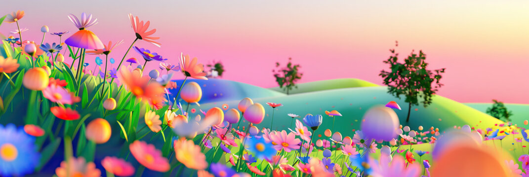 Summer field flowers, rural landscape background. Spring floral plants growing on meadow. Blossomed wildflowers, camomiles and blue cornflowers . 3D Rendering style illustration