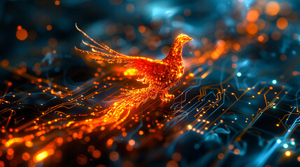 A digital phoenix rising from the ashes of obsolete technology, its feathers a kaleidoscope of glowing, neon circuits - obrazy, fototapety, plakaty