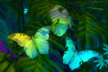 Three butterflies are flying in a lush green forest