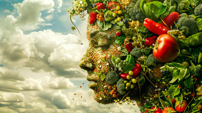 A digital landscape where data streams form images of essential nutrients, flowing into a human avatar, depicting a future where nutrition is precisely tailored to individual needs