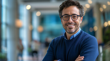 Portrait of mature confident business man in sweater standing with crossed arms in hallway at workplace in office and smiling at camera. Generative AI - 767804907