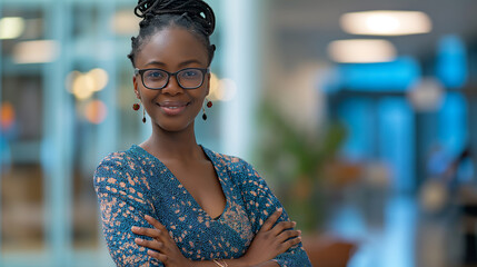 Portrait of young pretty cheerful African-American business woman, wearing glasses and looking at camera in office. Generative AI - 767804928