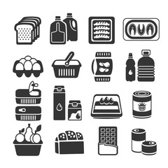 Grocery store products icon set in graphic silhouette style. Supermarket food packaging pictograms. Confectionery, seafood, meat, bakery, fruit, dairy, preserves departments. For web page navigation