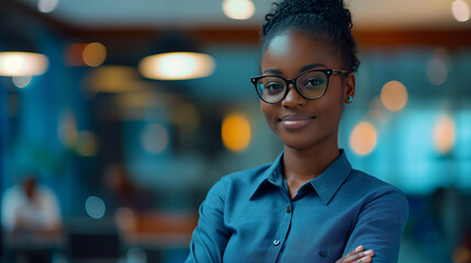 Portrait of young pretty cheerful African-American business woman, wearing glasses and looking at camera in office. Generative AI - 767804952