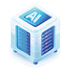 3D icon of "AI" with blue letters and a data center server