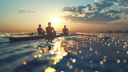 Rowing - Coxless Pair: Two rowers rowing together in a coxless pair boat on the water - obrazy, fototapety, plakaty