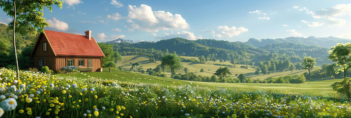 Rustic farmhouse surrounded by rolling hills and fields. Rural tranquility and simplicity - obrazy, fototapety, plakaty