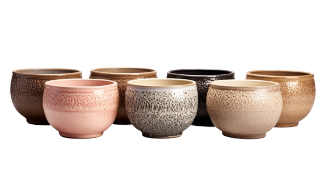 Symphony of Terracotta: A Collection of Six Elegant Pots. On a White or Clear Surface PNG Transparent Background.