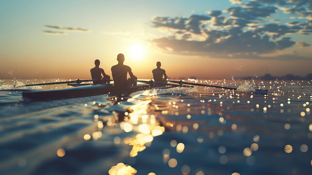 Rowing - Coxless Pair: Two rowers rowing together in a coxless pair boat on the water
