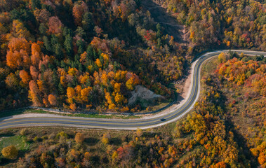 aerial view of inegol domanic road with beautiful autumn colors of nature, Kutahya, Turkey