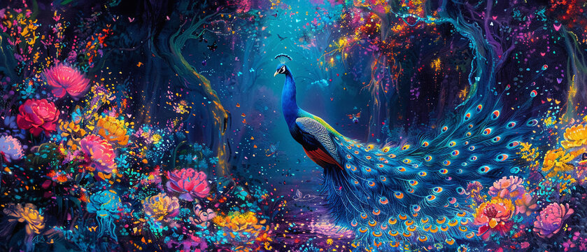 A fluorescent peacock dancing in a psychedelic forest, showcasing beauty and movement, with vibrant, dreamlike colors