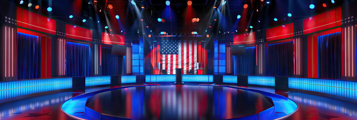 Political Talk Show Studio Set. Political election in america. Red white and blue